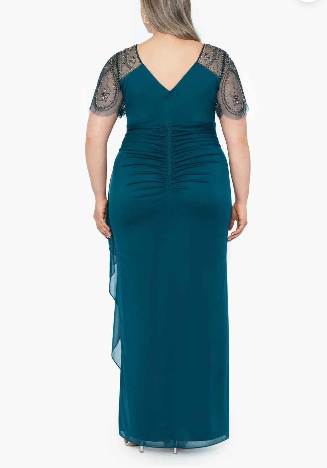 XSCAPE Plus Size Teal Beaded Sleeve Formal Gown Dress 22W NWT