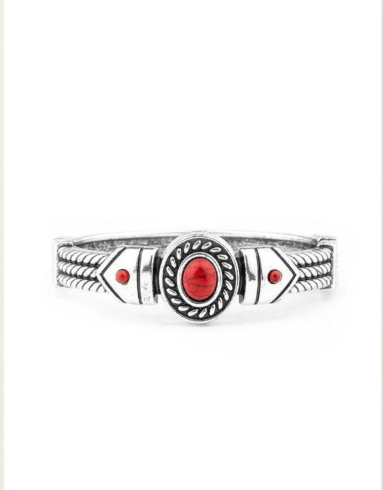 Paparazzi Silver-Tone Cuff Bracelet with Red Stone Accent – Southwestern Style

Description: